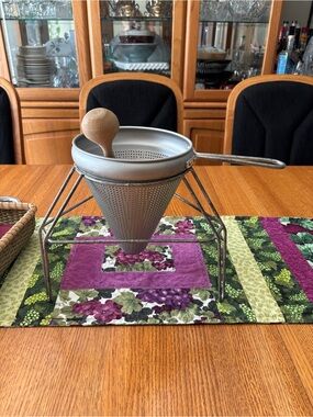 Vintage Stainless Steel Cone Strainer with Stand and Wooden Pestle - Aluminum